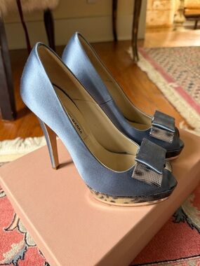 Gianni Marra Blue Satin Peep-Toe Platform Pumps with Bow size 36